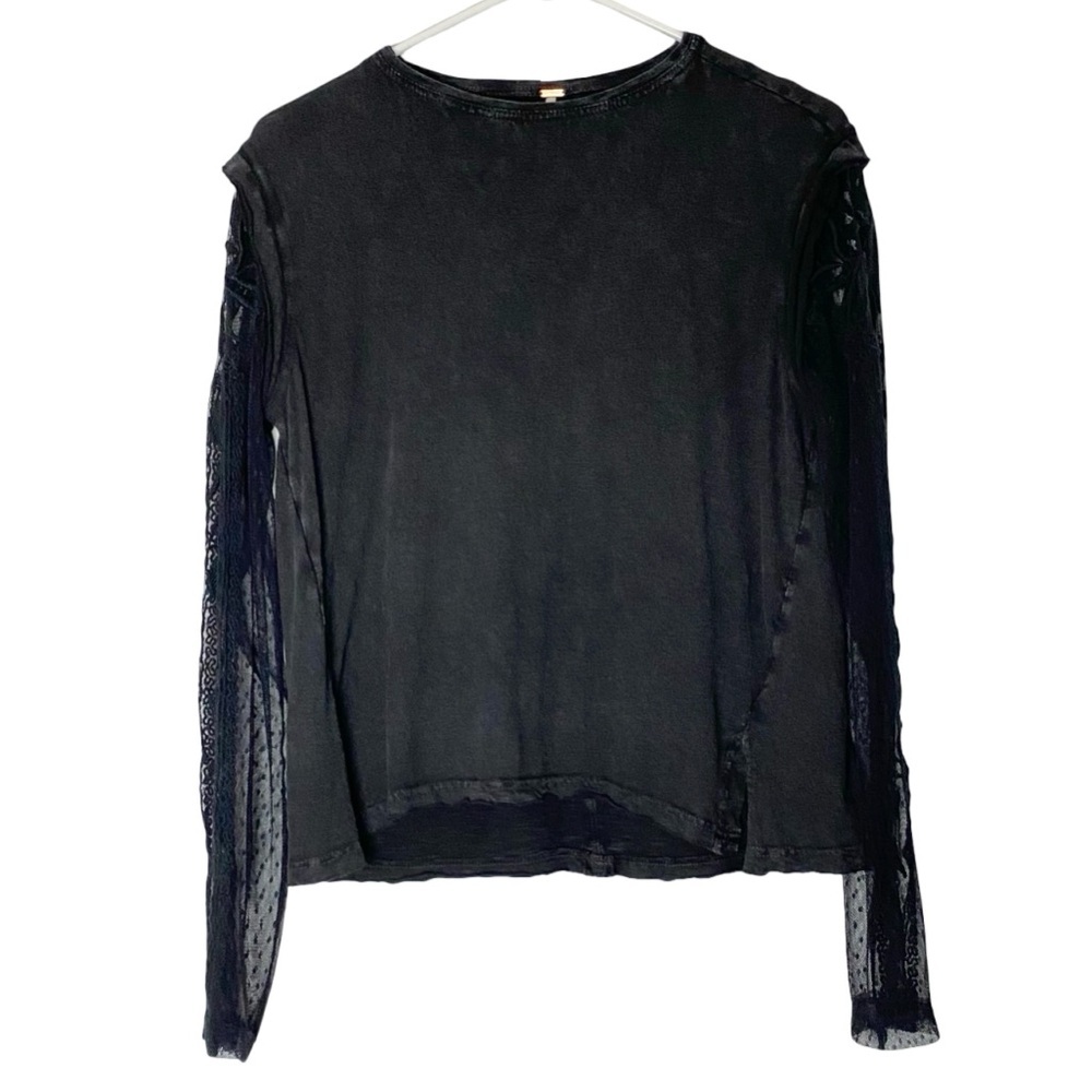 Free People Billie Jean Twofer Top Shirt Womens Size XS Black Lace Sleeve Gray - Picture 2 of 11